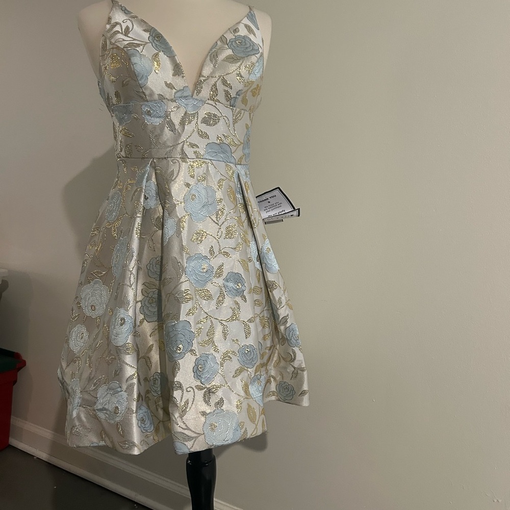 Floral A-Line Party Dress in Light Blue and Gold